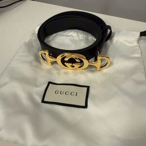 Gucci Black Leather Belt with Gold Emblem